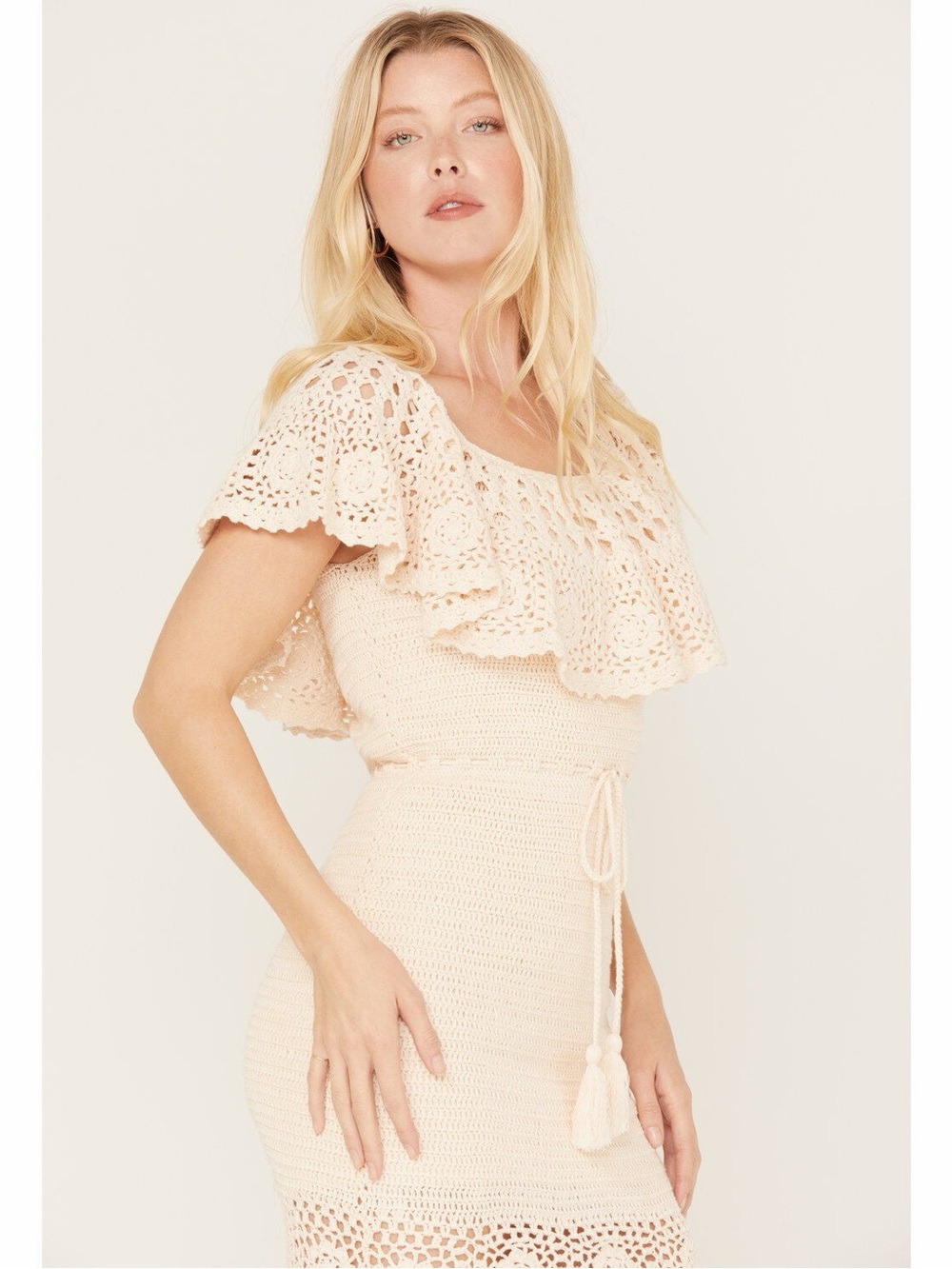 Spell Iluka Crochet Organic Cotton Maxi Dress Blush Pink Off Shoulder Boho Small - Picture 4 of 17